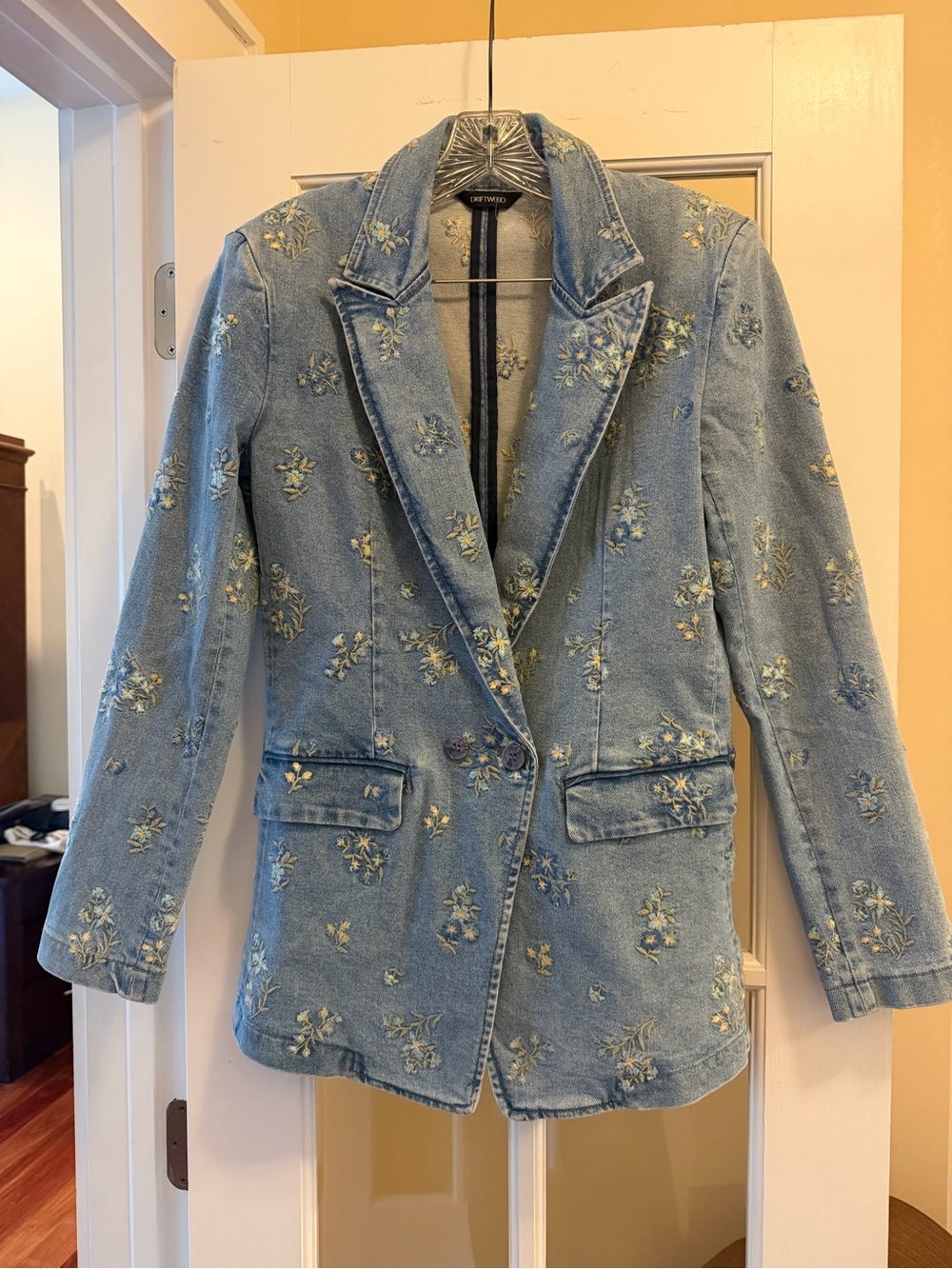 DRIFTWOOD Light Blue Floral Embroidered Denim Blazer